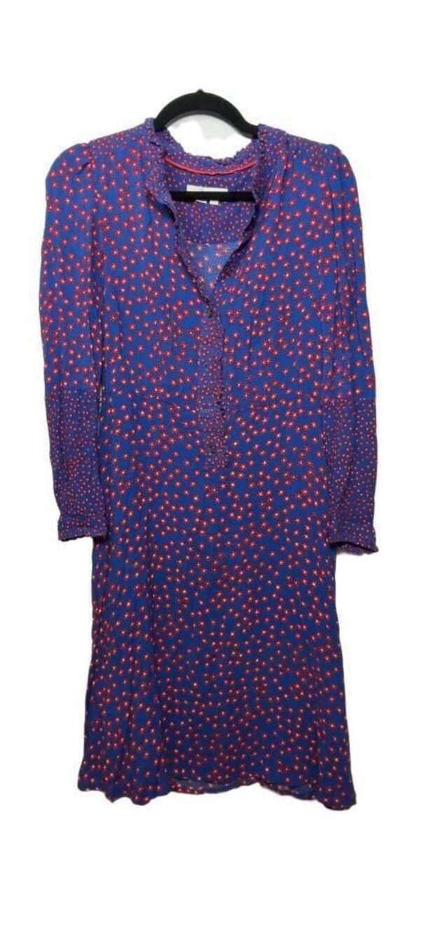 Boden Blue Red Floral Print Ruffle High Neck Long Sleeve Midi Dress US 2R UK 6R_